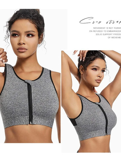 Plus Size Sports Bra for Women High-Strength Shock-Absorbing Gathering Top Running Zipper No Steel Bracket Underwear Yoga Vest