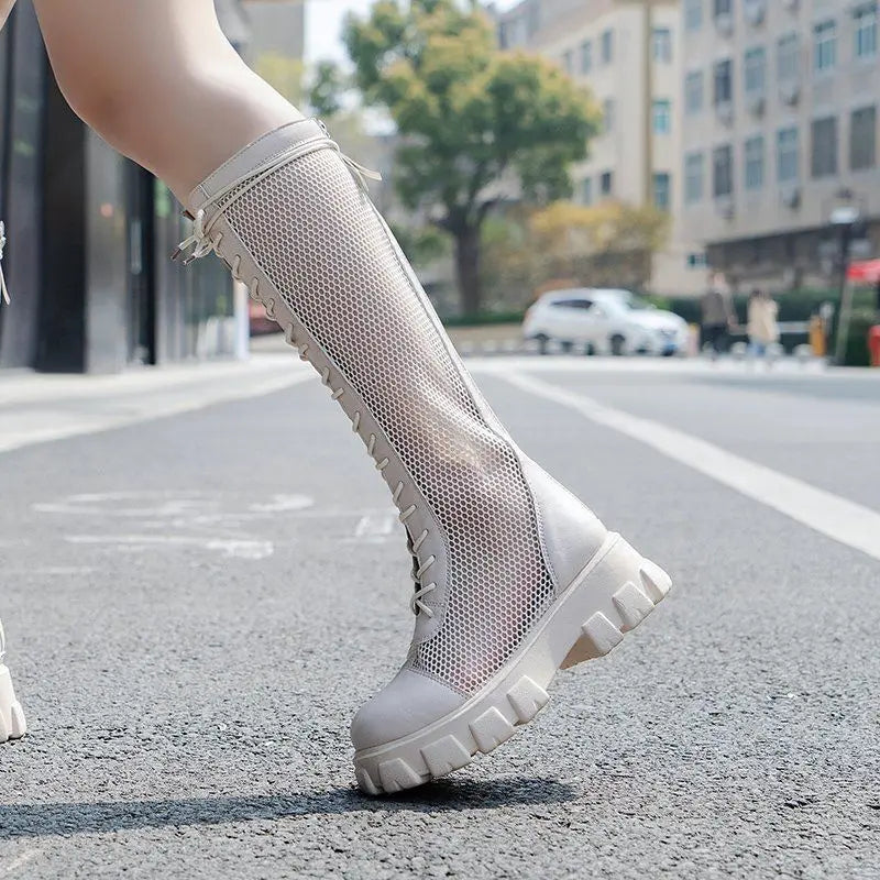 2025New Boots for Women Fashion Knee-high Boots Summer Breathable Hollow Out Mesh Boots Non Slip Platform Boot Punk Botas Mujer