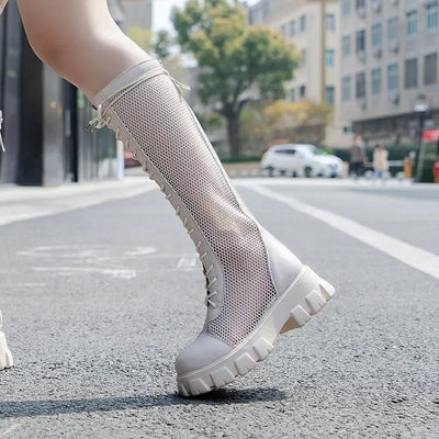 2025New Boots for Women Fashion Knee-high Boots Summer Breathable Hollow Out Mesh Boots Non Slip Platform Boot Punk Botas Mujer