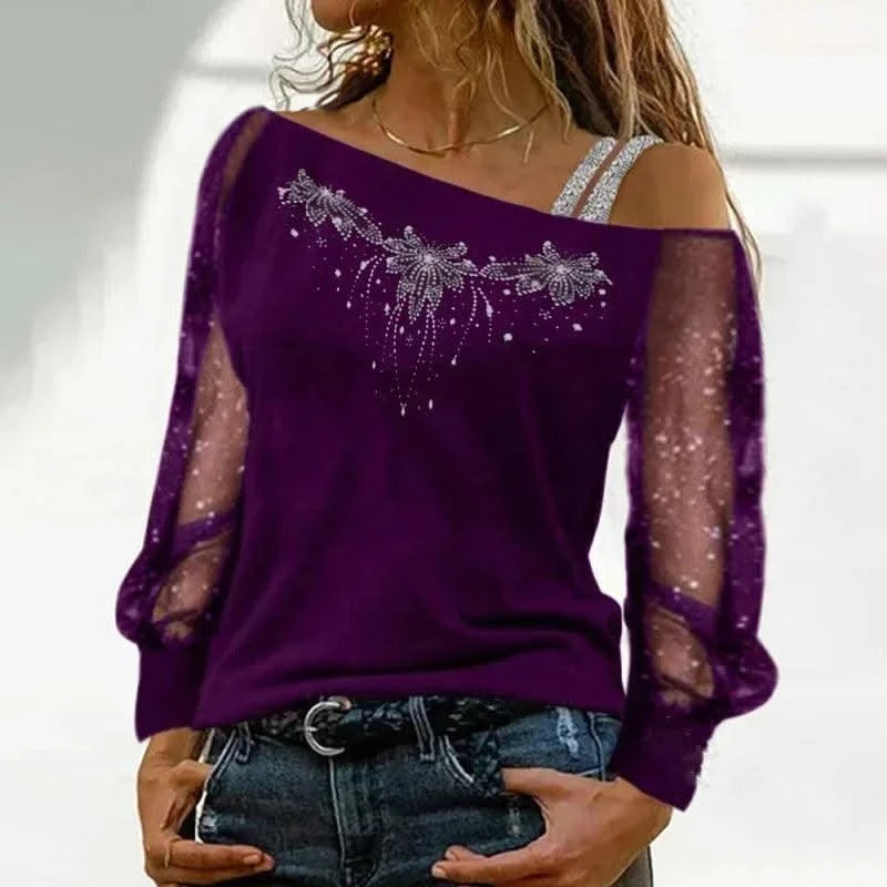 Women Casual Diagonal Collar Long Sleeve Tops