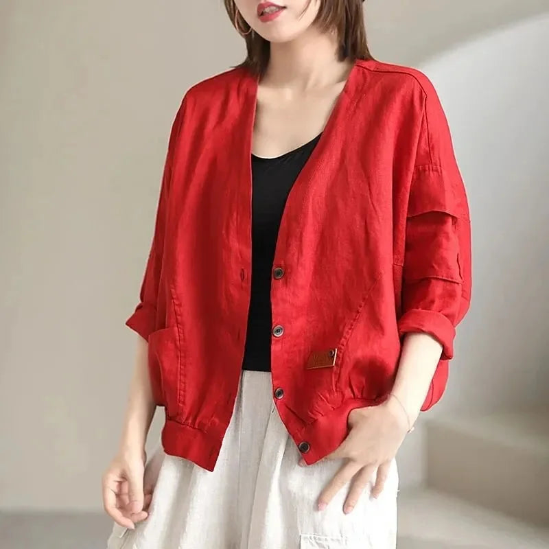 Fashion Cotton Linen Short Jacket For Women Spring Autumn New  Retro Loose V-Neck Thin Casual Top Coat Sunscreen Clothing