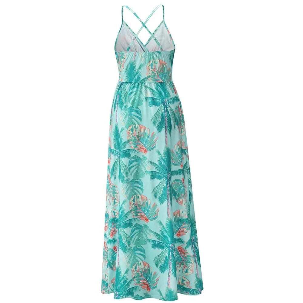 Floral Dress Women's Summer Dress Sexy Backless V-neck Suspender Long Dress