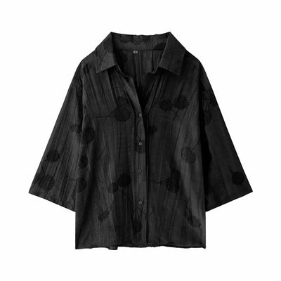 Women's Jacquard Oversized Shirt Trousers Short Sleeves Suit Lapel Shirt High Waist Elastic Straight Leg Pants Chic Female Set