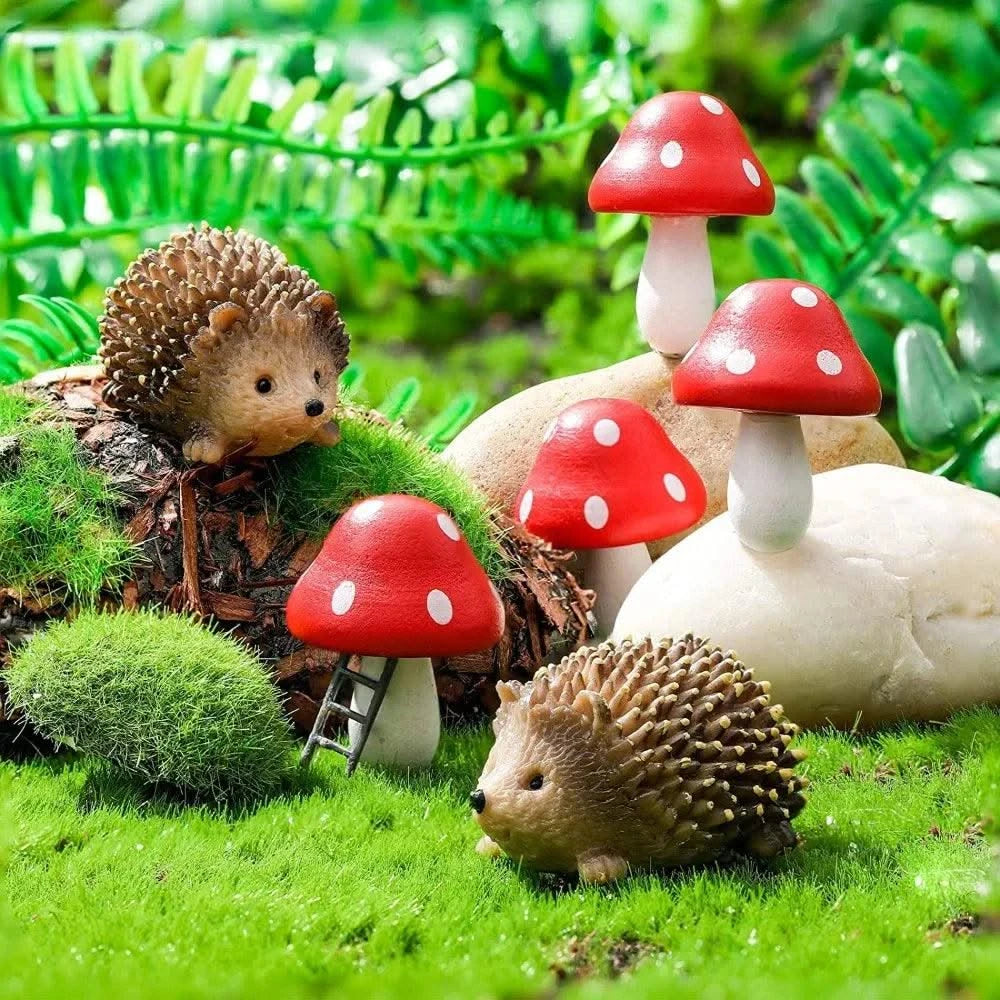 Garden accessories resin hedgehog and wooden mushroom miniature garden accessories bonsai micro landscape decoration