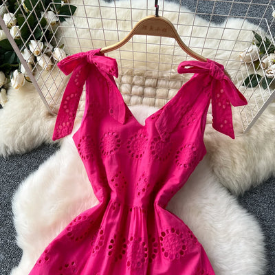 French Vintage Hollow Out Embroidery Butterfly Bow Bandage Slip Dress A-line Chic Casual Beach Vacation Women Summer Dresses
