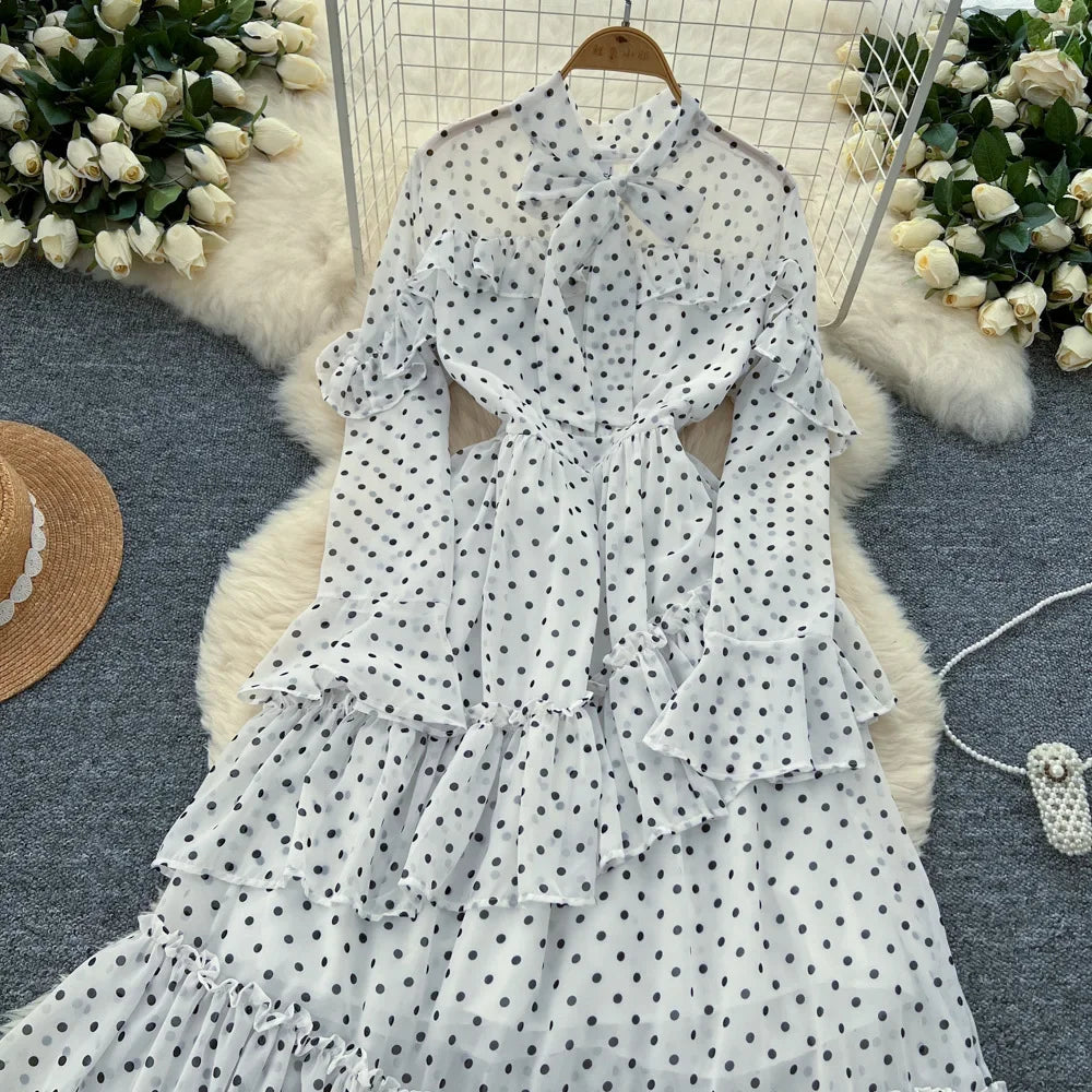 Dot Dress Women Long Dresses Print Chiffon Lace Up Flare Sleeve A Line Vestidos Streetwear Elegant Splice Y2k High Waist Party