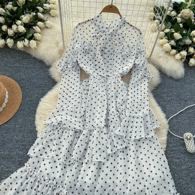 Dot Dress Women Long Dresses Print Chiffon Lace Up Flare Sleeve A Line Vestidos Streetwear Elegant Splice Y2k High Waist Party