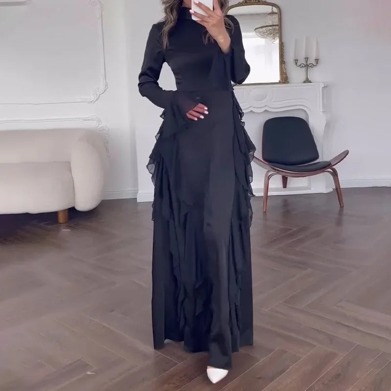 Muslim Women Flare Sleeve Evening Dress Jalabiya Eid Ramadan Arab Long Robe Dubai Ruffle Vestidos Largos Party Dresses Abayas