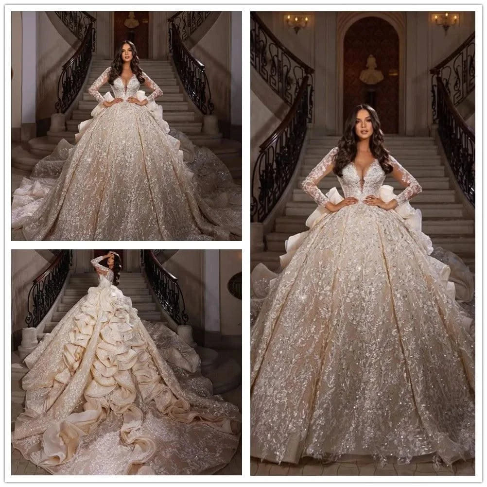 Wedding Dress Glitter Sequins Beading Appliques Cathedral Bridal Gown