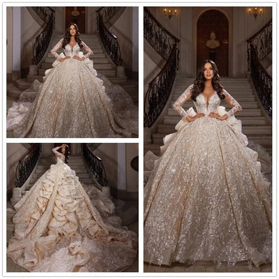 Wedding Dress Glitter Sequins Beading Appliques Cathedral Bridal Gown