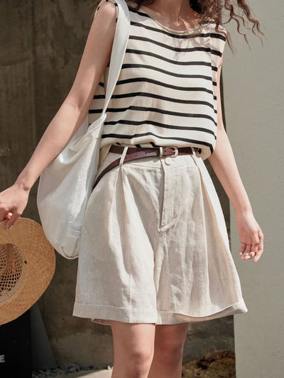 Summer Korea Style Lazy Linen Curled Bermuda Shorts Wide Leg Loose Slim Casual Hot Pants For Women