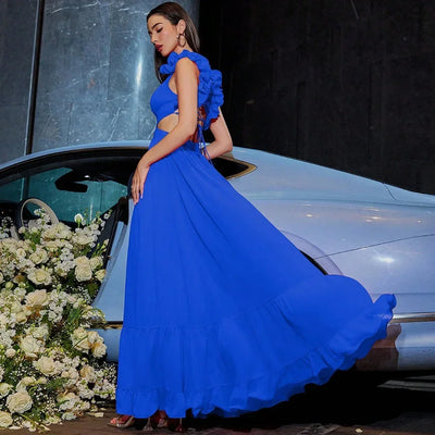 Women Wedding Dresses Summer Chiffon Flower Dress Backless Cross Tie Pleated Large Swing Evening Dress Vestidos De Mujer