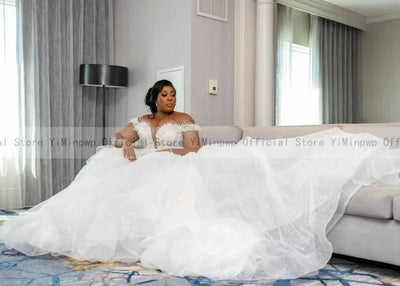 Wedding Dresses for Bride Sheer Neck Lace up Back Sequins Pearls PLUS SIZE ONLY