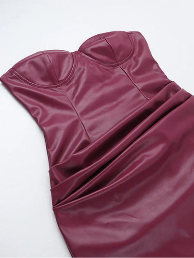 Sexy Pu Leather Women Maxi Dresses Fashion Sleeveless Backless Pleated Hip Package Female Robe Chic Ladies Party Evening Dress