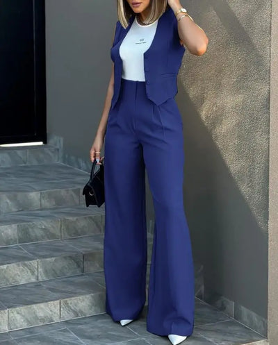 Trousers Suit Women's Vest Trousers Suit Elegant Loose Regular Work Suit High Waist Wide-leg Trousers 2-piece Street Suit