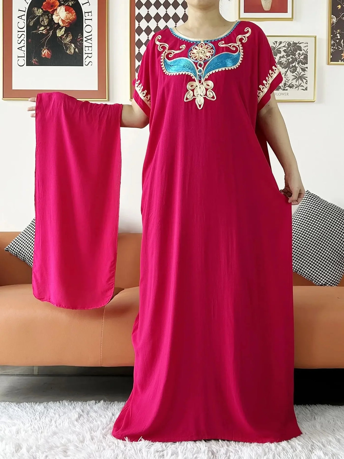 New Dubai Lady Party Summer Solid Cotton Dress with Scarfs African Dashiki Women Maxi Cotton Embroider Loose Vestidos