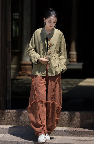 Cotton Linen Women's Literary Vintage Ramie Tops Shirt Women's Patchwork Colour Plate Button Lapel Cardigan Jacket Chinese Style