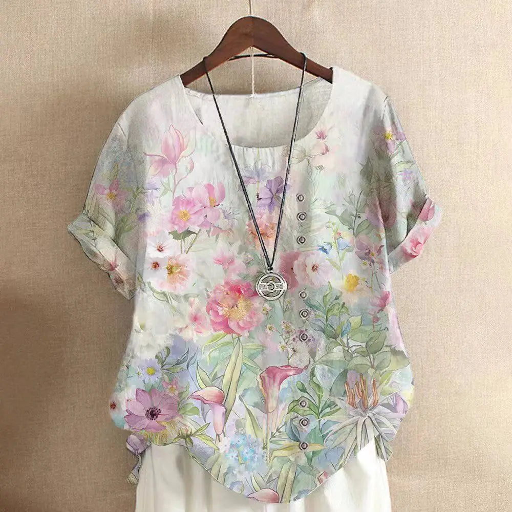 Fashion Printed Cotton and Linen Short-sleeved T-shirt for Women in Summer Large Size Loose Slim Linen Shirt Thin Top