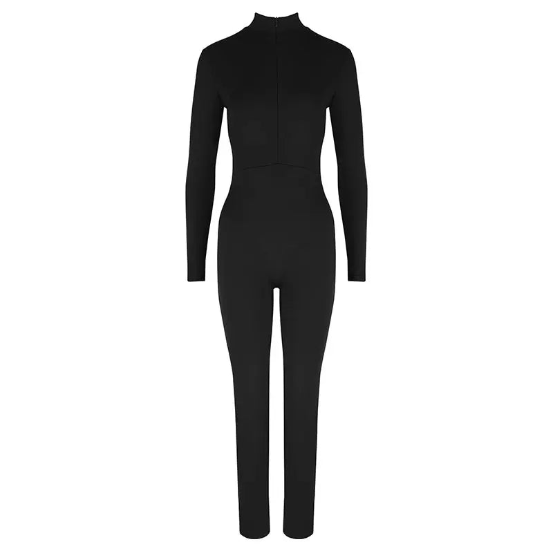 Women New Jumpsuits Spring Fashion Streetwear Long Sleeves Half High Collar Zippers Bodycon Rompers Black Sexy Female Jumpsuits