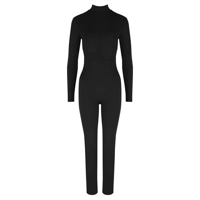 Women New Jumpsuits Spring Fashion Streetwear Long Sleeves Half High Collar Zippers Bodycon Rompers Black Sexy Female Jumpsuits