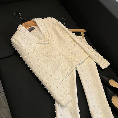 TWOTWINSTYLE Spliced Pearl Solid Two Piece Sets For Women Lapel Long Sleeve Top High Waist Pants Elegant Set Female KSE534390