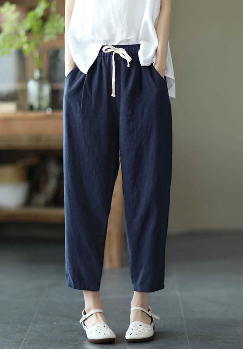 2024 Spring Summer Cotton Linen Pants Women Solid Color Casual Ankle-length Pant Woman Lace-up Waist Loose Trousers