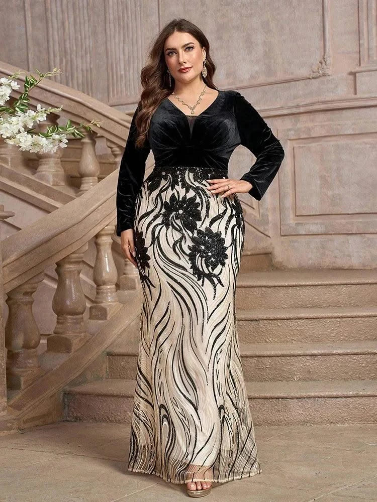 TOLEEN 2024 New Luxury Elegant Women Embroidery Long Sleeve Party Maxi Dress Plus Size Formal Evening Gown (Heavily Embellished)