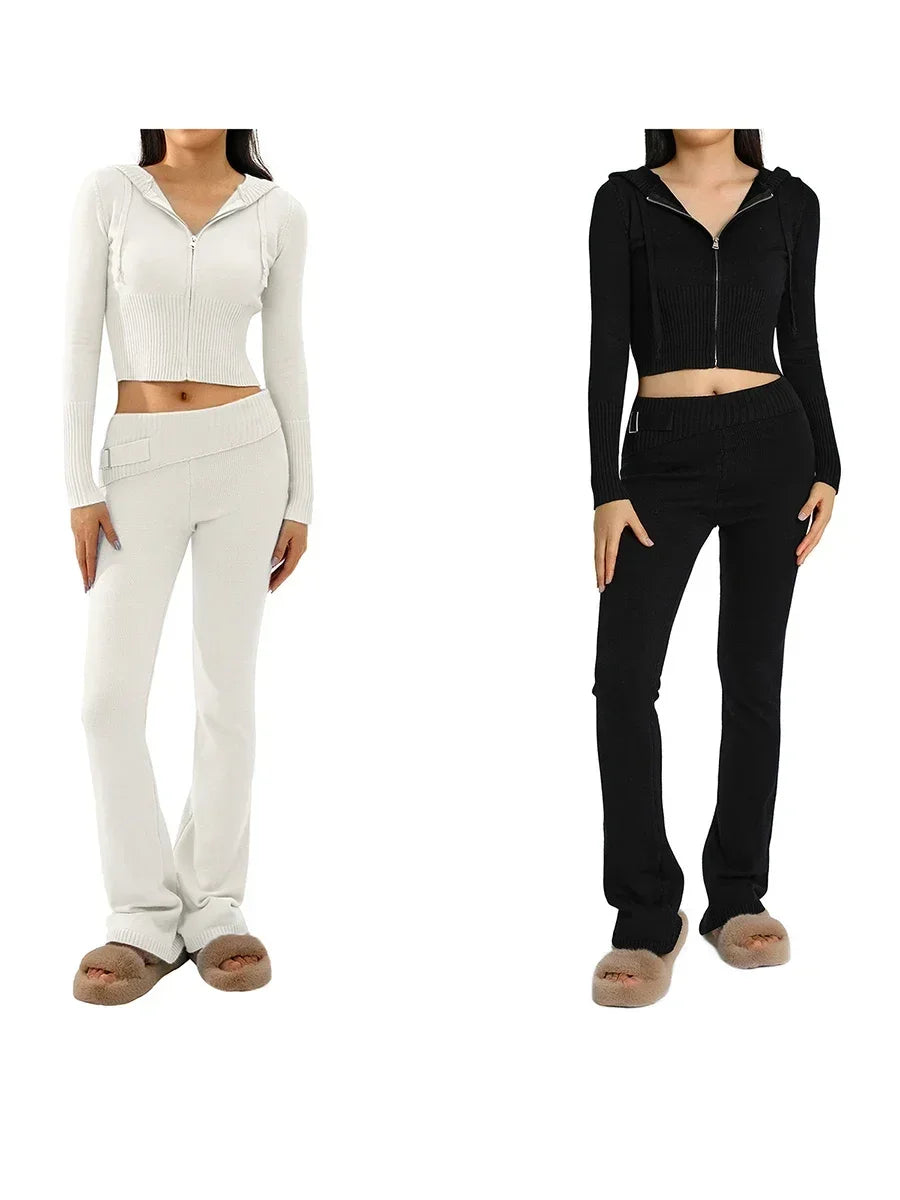 Women Tracksuit  Knit Lounge Set Long Sleeve Zip Up Hoodie with High Waist Wide Leg Pant 2 Piece Sweater Ensemble Casual Set