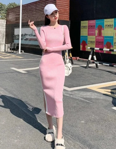 Pink Woman Dress Black Bodycon Maxi Knitted Robe Long Dresses for Women Evening Crochet Round Neck Clothes Sensual Sexy Hot Y2k