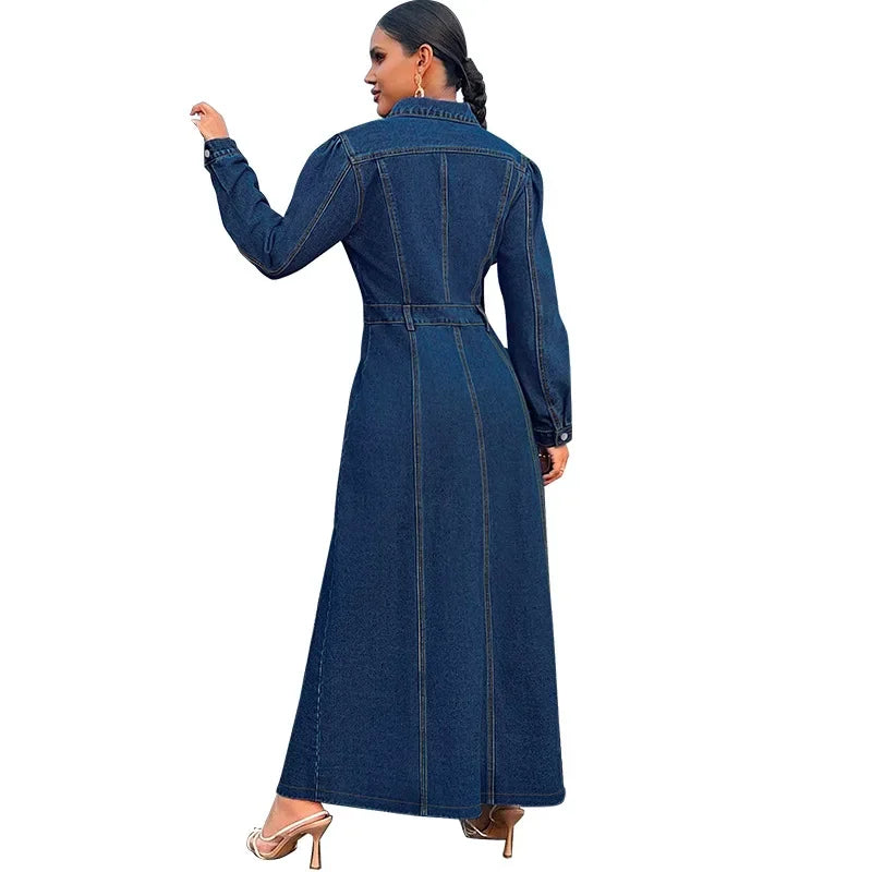 Denim Dress Women Long Dresses Spring Turn Down Collar Elegant Work Splice Vestidos Single Breasted A Line Y2k Tops Streetwear