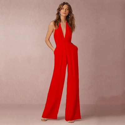 Jumpsuits Women Sexy Playsuits Deep V-neck Sleeveless Halter Neck Backless High Waist Wide Leg Jumpsuit Elegant Party Banquet