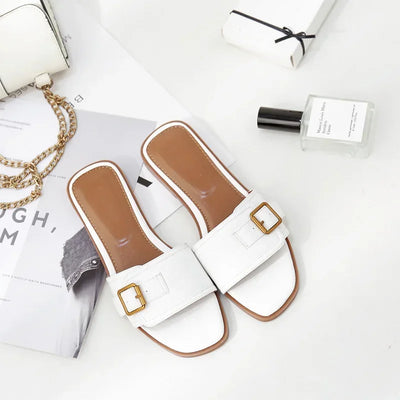 Summer Women Slippers Leather Square Toe Women Flats Flip Flops Designer Ladies Slides Sandals Women Shoes Luxury Sandals