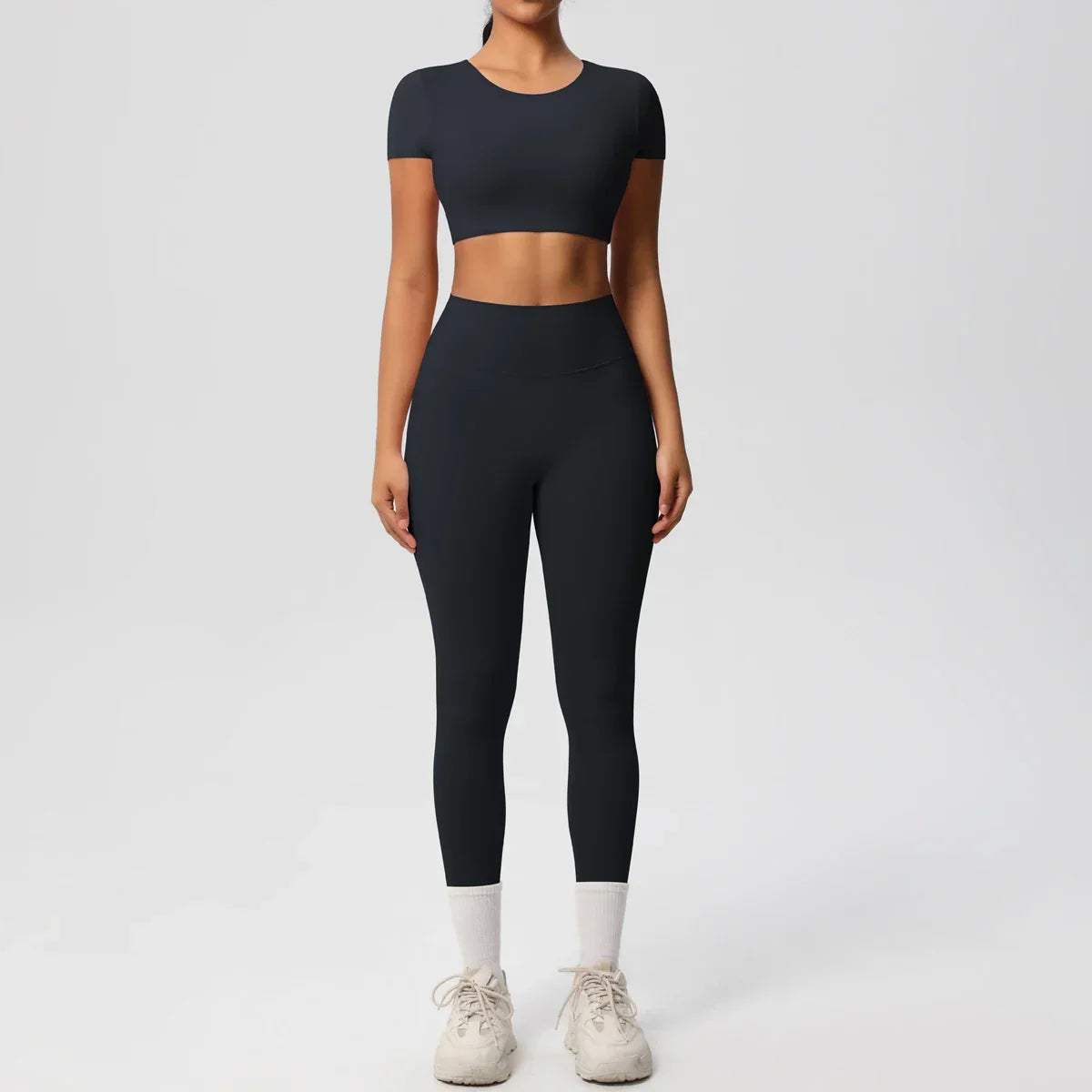 Yoga Set 2 Pieces Women Tracksuits Workout Sportswear Gym Clothing Fitness Short Sleeve With Padded High Waist Leggings Suits