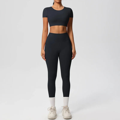 Yoga Set 2 Pieces Women Tracksuits Workout Sportswear Gym Clothing Fitness Short Sleeve With Padded High Waist Leggings Suits