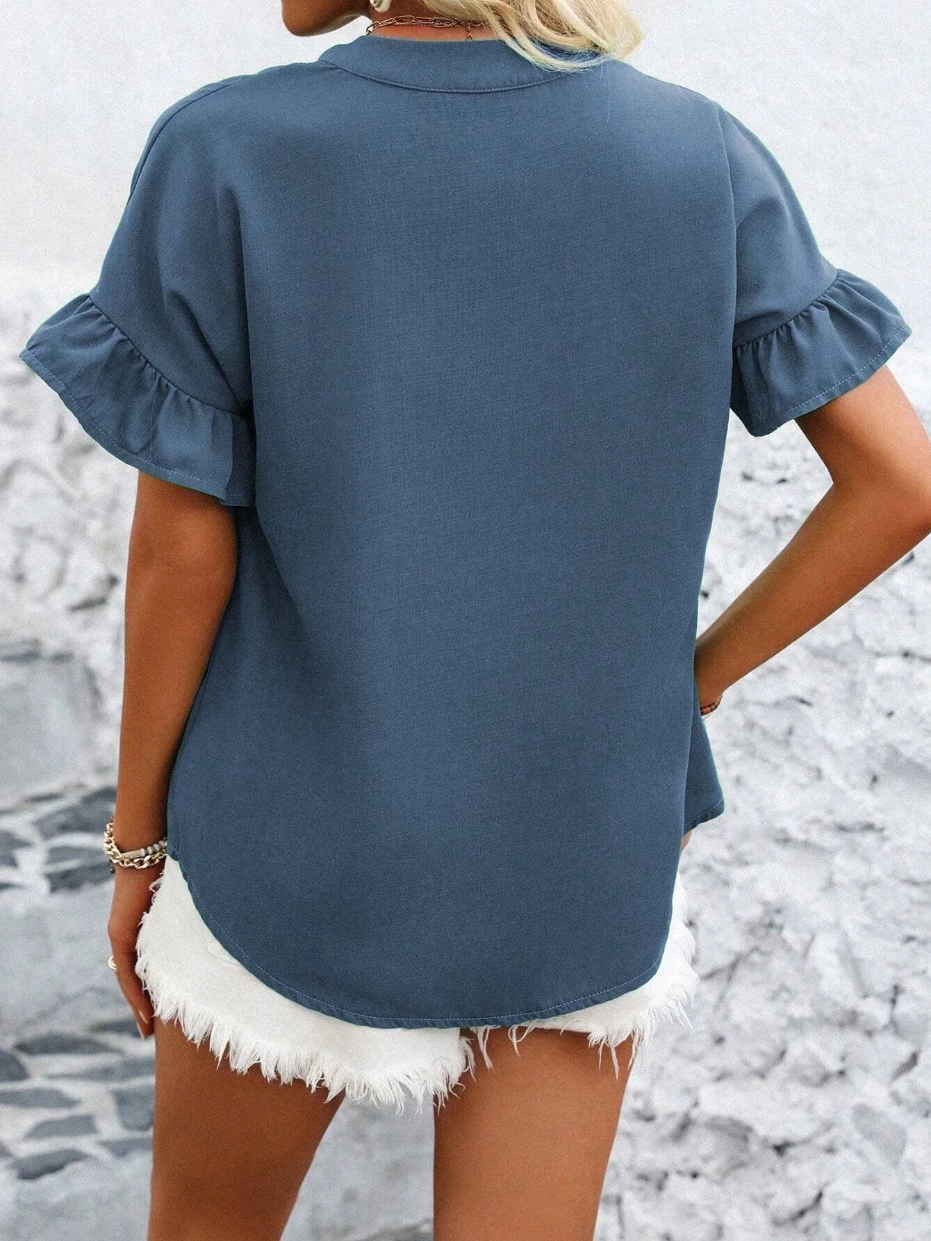 Women Button Solid Cotton Linen Blouses Summer 2025 Fashion Stand Up Short Sleeve Shirts Casual V-Neck Ruffles Office Lady Tops