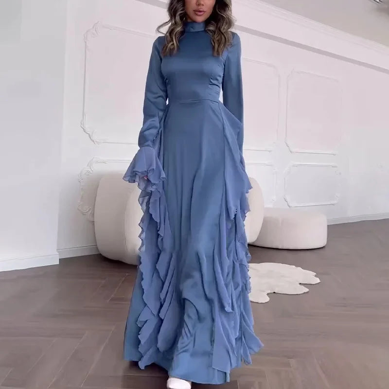Muslim Women Flare Sleeve Evening Dress Jalabiya Eid Ramadan Arab Long Robe Dubai Ruffle Vestidos Largos Party Dresses Abayas