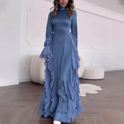 Muslim Women Flare Sleeve Evening Dress Jalabiya Eid Ramadan Arab Long Robe Dubai Ruffle Vestidos Largos Party Dresses Abayas