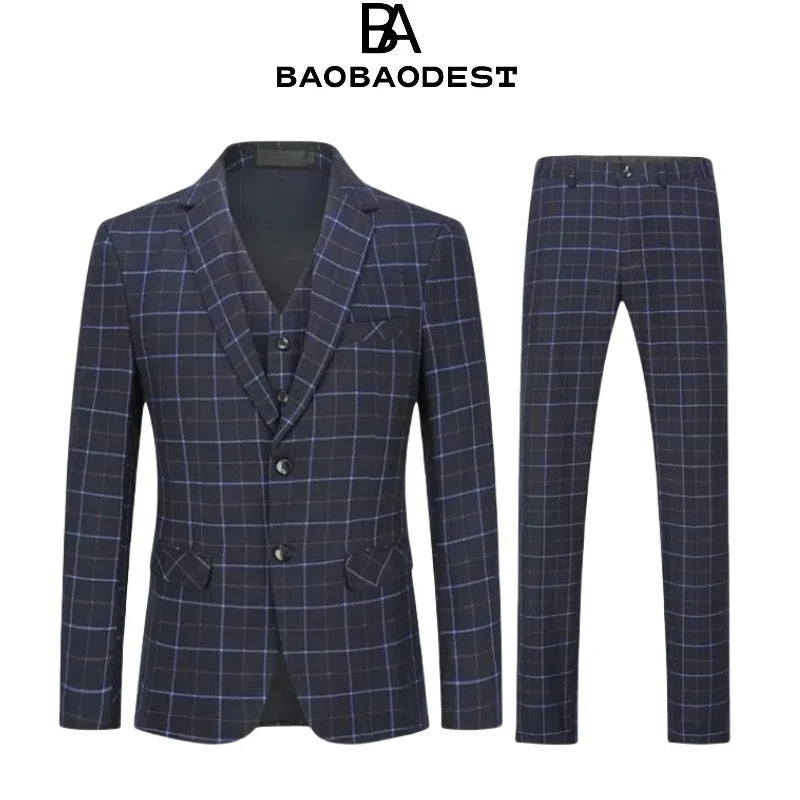  Men's Suit Checked Men's Suit Slim Fit 3-Piece Suits for Business Wedding