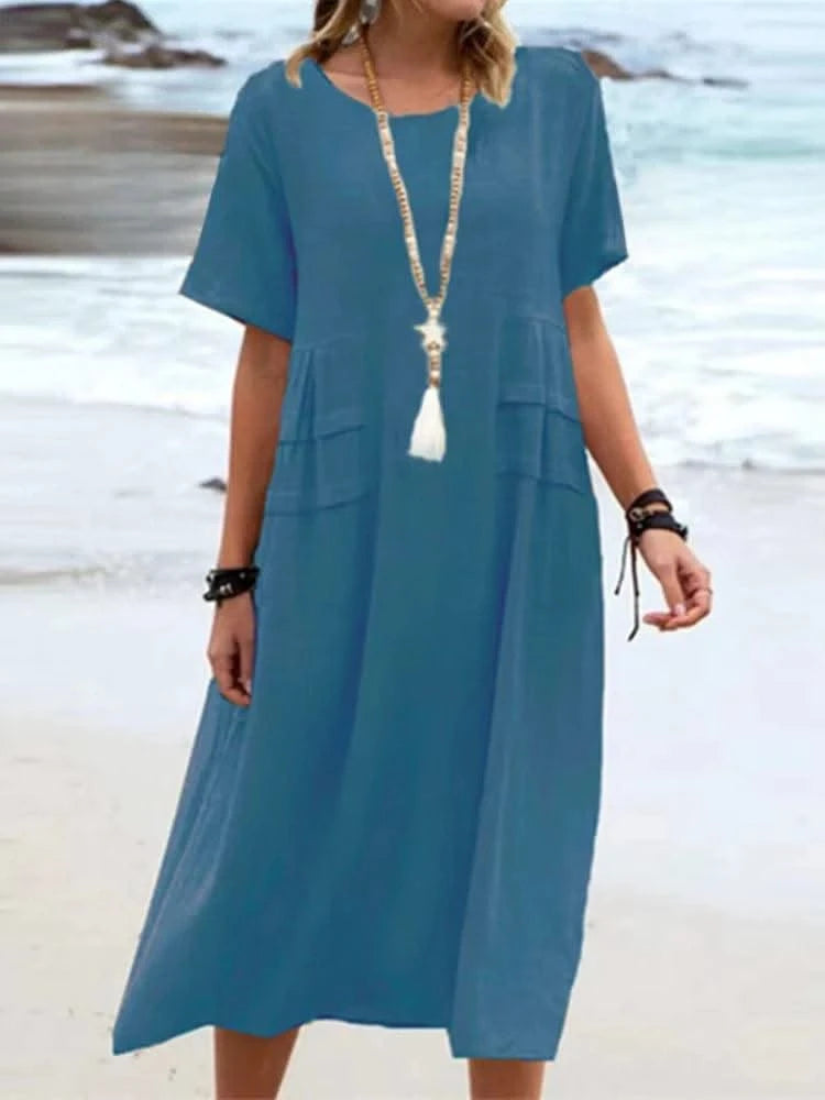 2025 Summer Fashion New Women's Elegant Long Cotton and Hemp Dress Round Neck Vacation Short Sleeve Medium Long Dress