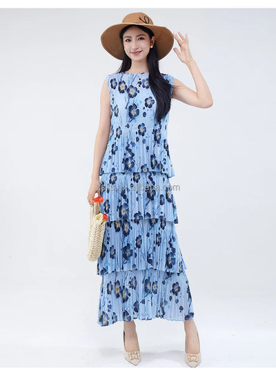 Women Dresses For Summer 2025 Miyake Pleated Dress Summer Fashion Holiday Style Printed Stretch Cake Dress