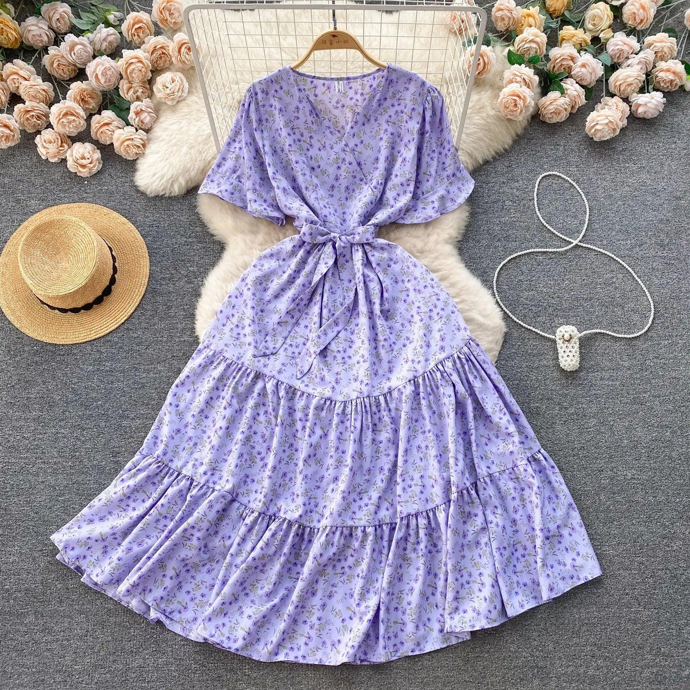 French Chic Dress Beach Style Floral Print Dresses Female V-Neck New Summer Ruffles A-Line Vestidos Women Clothes