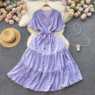 French Chic Dress Beach Style Floral Print Dresses Female V-Neck New Summer Ruffles A-Line Vestidos Women Clothes