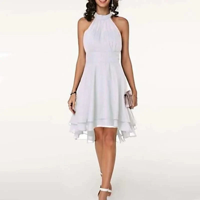 Women Elegant Dress Summer Solid High Waist Halter Sleeveless Midi Dresses Ladies Cropped Layered Chiffon Party Slim Dresses