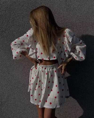 Women Cotton Linen Print Loose Suit Women Lantern Sleeve Ruffles V-neck Patchwork Single-Breasted Top High Waist Mini Skirt Suit