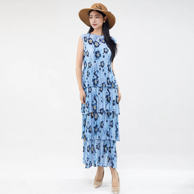 Women Dresses For Summer 2025 Miyake Pleated Dress Summer Fashion Holiday Style Printed Stretch Cake Dress