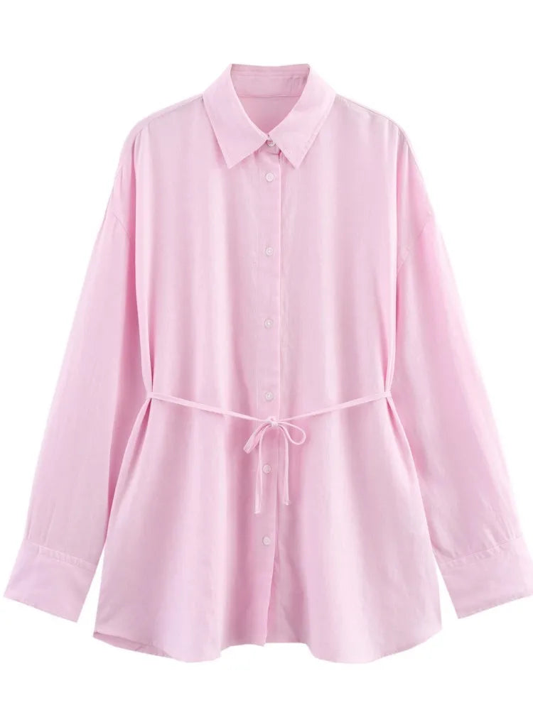White Shirt For Women Fashion Cotton And Linen Loose Lace Up Blouse Spring Summer 2025 New Long Sleeve Simple Casual Shirts Lady
