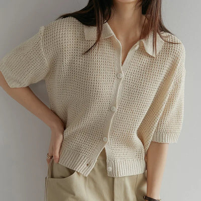 Women's Shirt Knit Solid-colored Short-sleeved Sweaters Tops All-match Pullovers T-shirt Polo-neck Crop Tops Girl's Tees Summer