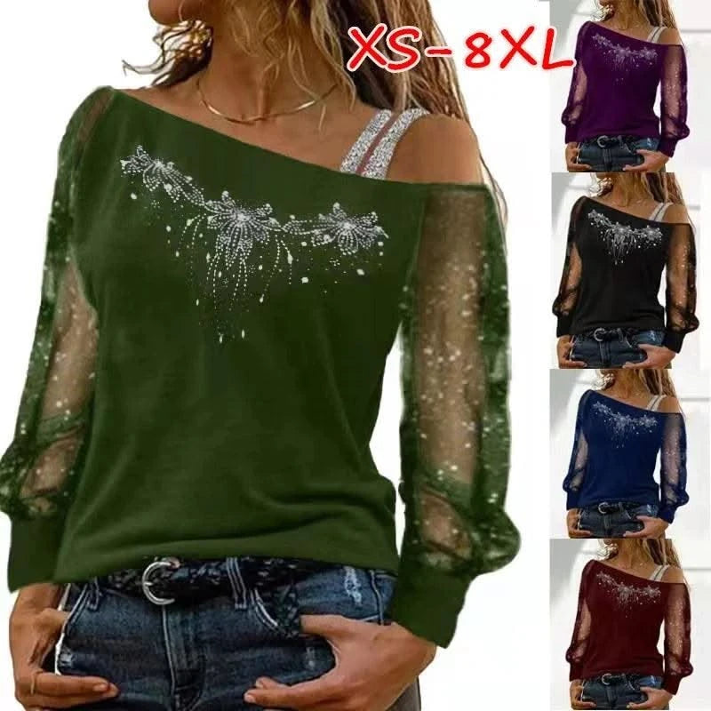 Women Casual Diagonal Collar Long Sleeve Tops