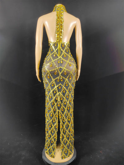 Women Sexy Stage Shining Rhinestone Sequins Dress Evening Prom Birthday Dress Transparent Performance Singer Club Host Dress