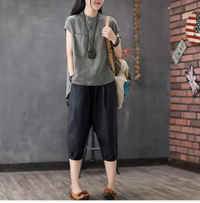 Artistic Style Cotton Linen Short Sleeves Shirt for Women Summer Solid Loose Stand Collar Temperament Top Fashion Women Clothing